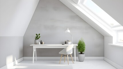 home office in the attic with light grey walls