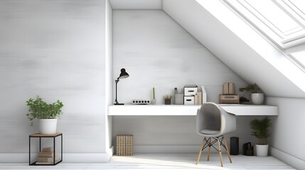 home office in the attic with light grey walls