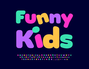 Vector playful Emblem Funny Kids. Modern Bright Font. Colorful Alphabet Letters, Numbers and Symbols for Children