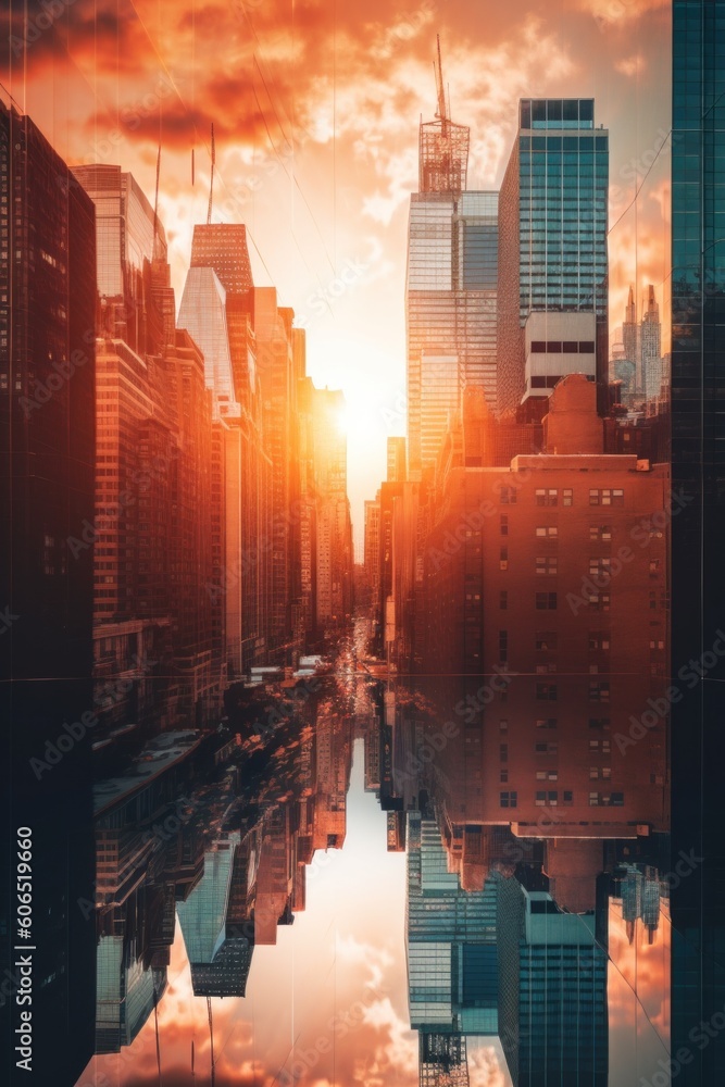 Poster a view of a city at sunset with a reflection in the water. generative ai image.