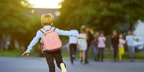 Boy with backpack going to school. Concept of back to school.. AI generated - obrazy, fototapety, plakaty