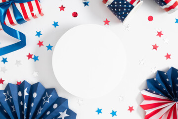 4th of July, USA Presidents Day, Independence Day. Paper empty round podium, platform, paper fan,...