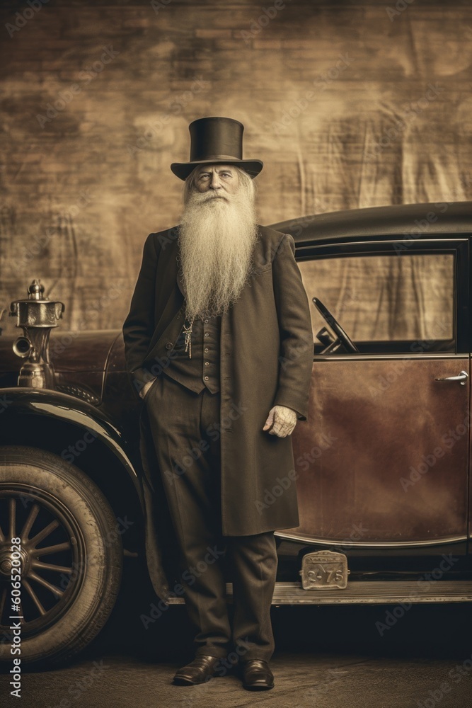 Poster a man with a long beard standing next to a car. generative ai image.