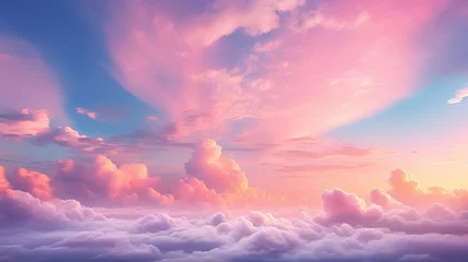 Fototapete Hell-pink light soft panorama sunset sky background with pink clouds - sunset over the clouds - sky and clouds - pink clouds in the sky - clouds and sun rays