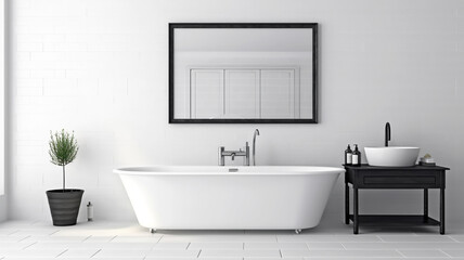 Bathroom design with a bathtub in the center in a minimalist style, Generated AI