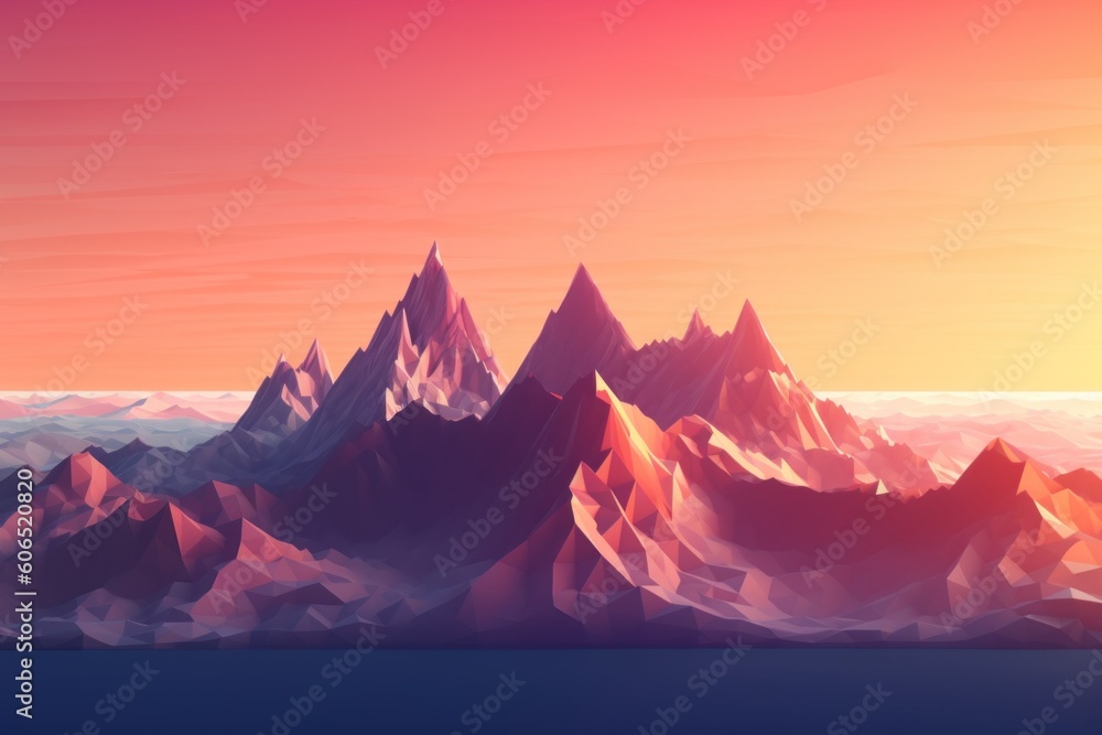 Poster a view of a mountain range at sunset. generative ai image.