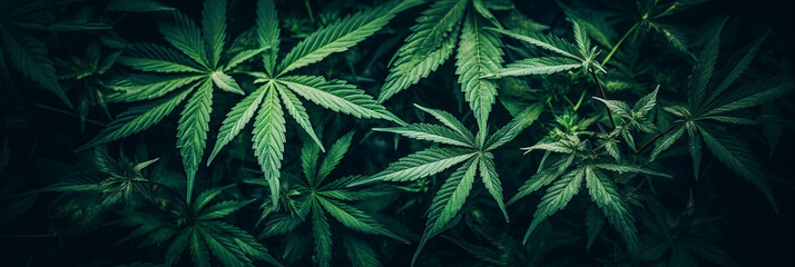 background of cannabis marijuana leaves on medical weed hemp bushes. Generative AI - obrazy, fototapety, plakaty