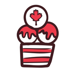 Ice cream with canada flag. Canada Day. Maple leaf as a symbol. First of July. The symbolism is red and white. Doodle illustration. Postcard, banner, poster or design. Vector