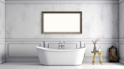 Obraz na płótnie Canvas Bathroom design with a bathtub in the center in a minimalist style, Generated AI