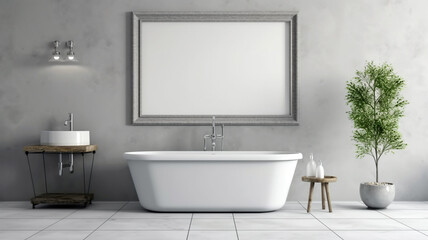 Naklejka na ściany i meble Bathroom design with a bathtub in the center in a minimalist style, Generated AI