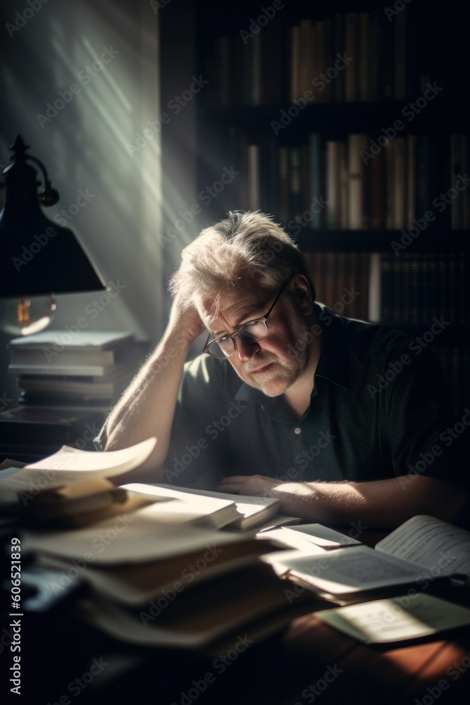 Poster a man sitting at a table in front of a pile of books. generative ai image.
