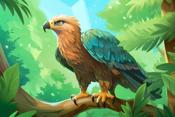 "illustration of a cute eagle seated on a branch in a green forest,  Perfect for Children's Book Illustration and Nature-themed Artwork, generative AI