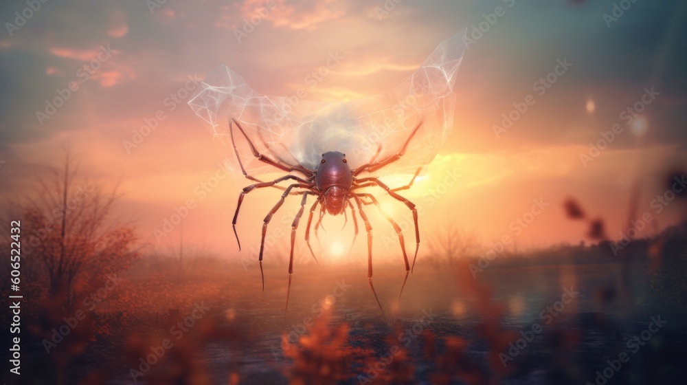 Poster a large spider sitting on top of a grass covered field. generative ai image.
