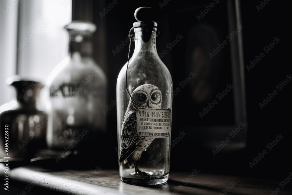 Aufkleber a bottle with an owl on it sitting on a shelf. generative ai image.
