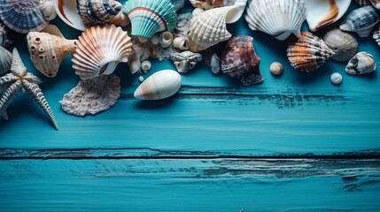 Summer time concept with seashells on a blue wooden background. Generative AI