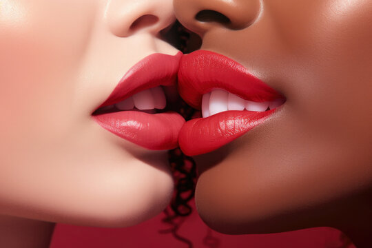 Close up of the lips of a mixed couple touching one another.