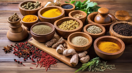 Obraz na płótnie Canvas variety of exotic spices on kitchen table. generative ai