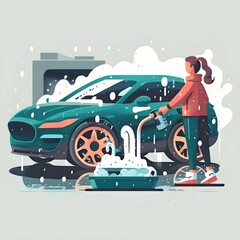 A woman washing a sports car with hose in flat art style. Sports car, girl. Created with Generative AI Technology.