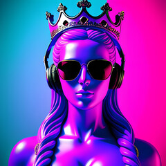 Fototapeta na wymiar Female electronic music queen statue in sci-fi style with big sunglasses and headphones, crown on head, neon bright color background. Generative AI.