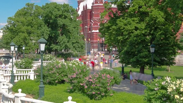 View of the Alexander's garden at summer timelapse. Water canal with fountain Popular touristic landmark by the Moscow Kremlin, Russia timelapse