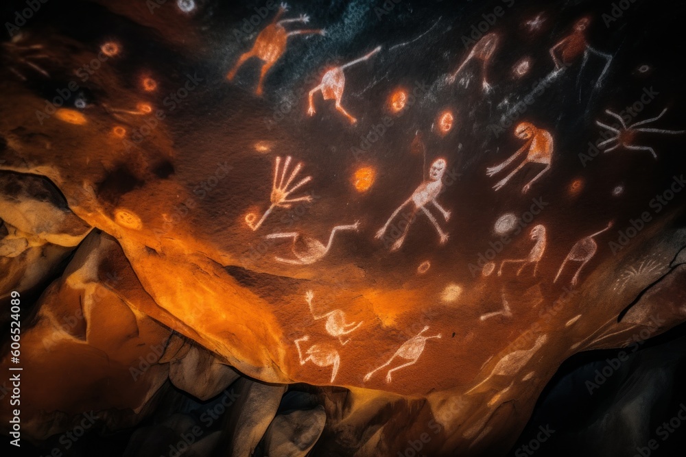 Poster a cave with a lot of drawings on it. generative ai image.