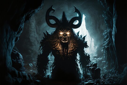 A dark evil old god below the ground in a cave, eldritch god, dark fantasy.