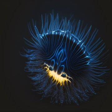 A stunning bioluminescent unknown sea creature found at the depths of the ocean, mystical neon blue light, transparent aura