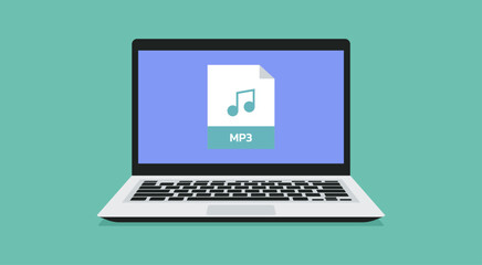 file format icon with MP3 label on laptop screen, vector flat illustration