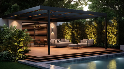 Discover the Luxurious Outdoors: Where a Teak Deck and Modern Black Pergola Create a Garden Haven with generative AI Technology