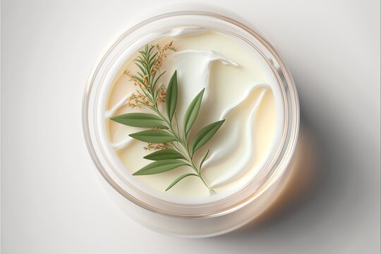 Natural face cream in a petri dish on a white table and plant branches, top down