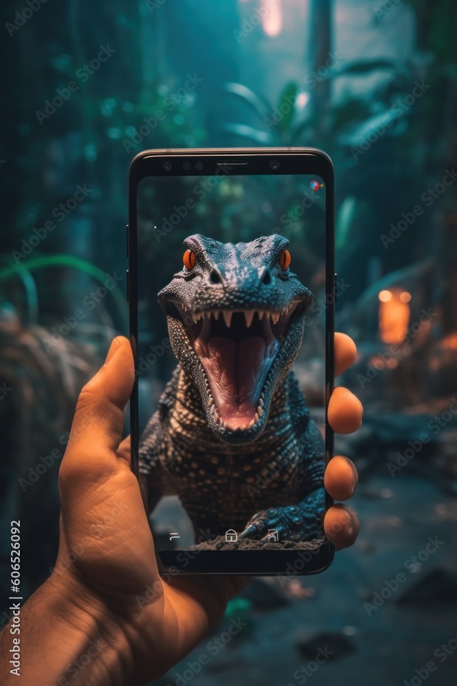 Poster a person taking a picture of a dinosaur with a cell phone. generative ai image.