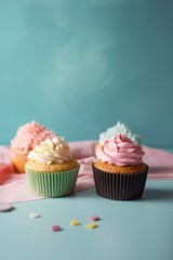 Cupcakes colorés sur un fond pastel, couleurs variées, illustration culinaire de petits gâteaux, ia générative