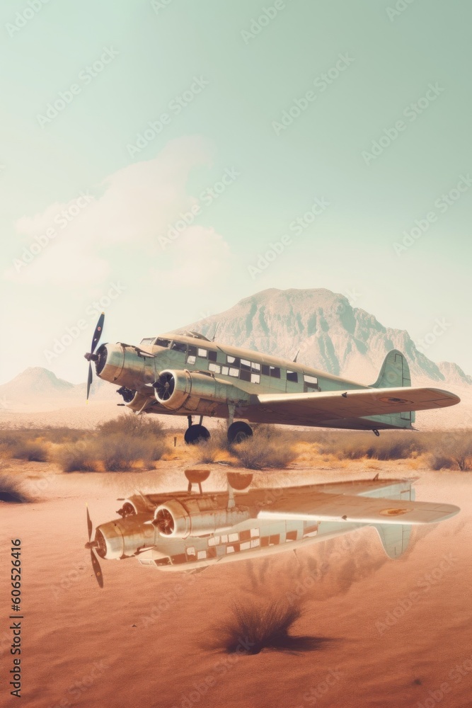 Poster a plane flying over a desert area with mountains in the background. generative ai image.