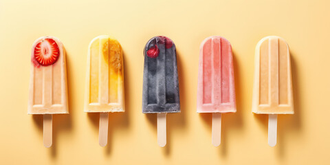 Assortment of different fruit popsicles on stick isolated on yellow background, top view. Tasty ice creams in a row with black one, copy space. Generative AI professional photo imitation.