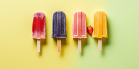 Assortment of different fruit popsicles on stick isolated on green yellow gradient background, top view. Tasty ice creams in a row with copy space. Generative AI professional photo imitation.