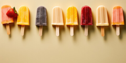 Assortment of different fruit popsicles on stick isolated on beige background, top view. Tasty ice creams in a row with copy space for text. Generative AI professional photo imitation.
