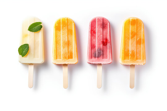 An assortment of different fruit popsicles on a stick isolated on a white background, top view. Tasty ice creams in a row with green mint, copy space. Generative AI professional photo imitation.