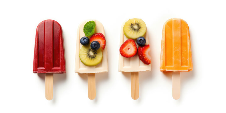 An assortment of different fruit popsicles on a stick isolated on a white background, top view. Tasty ice creams in a row with fruit pieces, copy space. Generative AI professional photo imitation.
