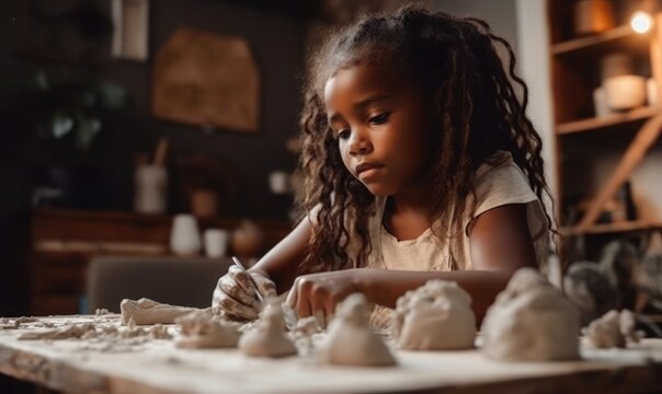 Little african american girl with modeling clay playing at home, generative AI