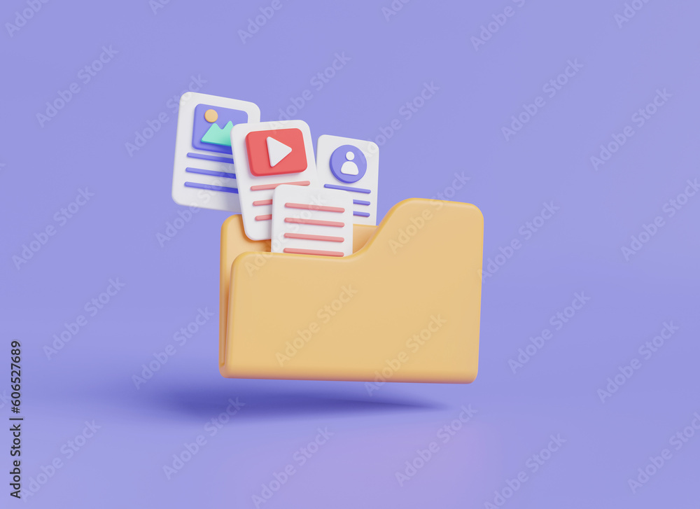 Poster file management concept. folder icon with paper document, image, profile, video file. computer folde