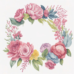 A watercolor floral wreath with peony flowers, roses, leaves and branches