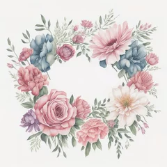 Foto op Canvas Watercolor floral wreath with roses, peonies and dahlias. AI generated illustration © Liudmila