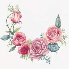 Watercolor floral wreath with pink roses and green leaves on white background