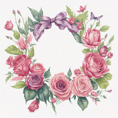 Vintage floral wreath with roses, butterflies and a violet bow.