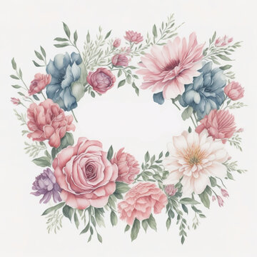 Watercolor floral wreath with roses, peonies and dahlias. AI generated illustration