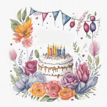 Watercolor illustration of a birthday cake with candles, flowers and leaves, AI generated image