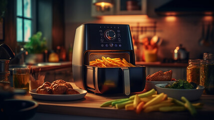 Air fryer machine cooking potato fried in kitchen. Lifestyle of new normal cooking,  Created using generative AI tools.
