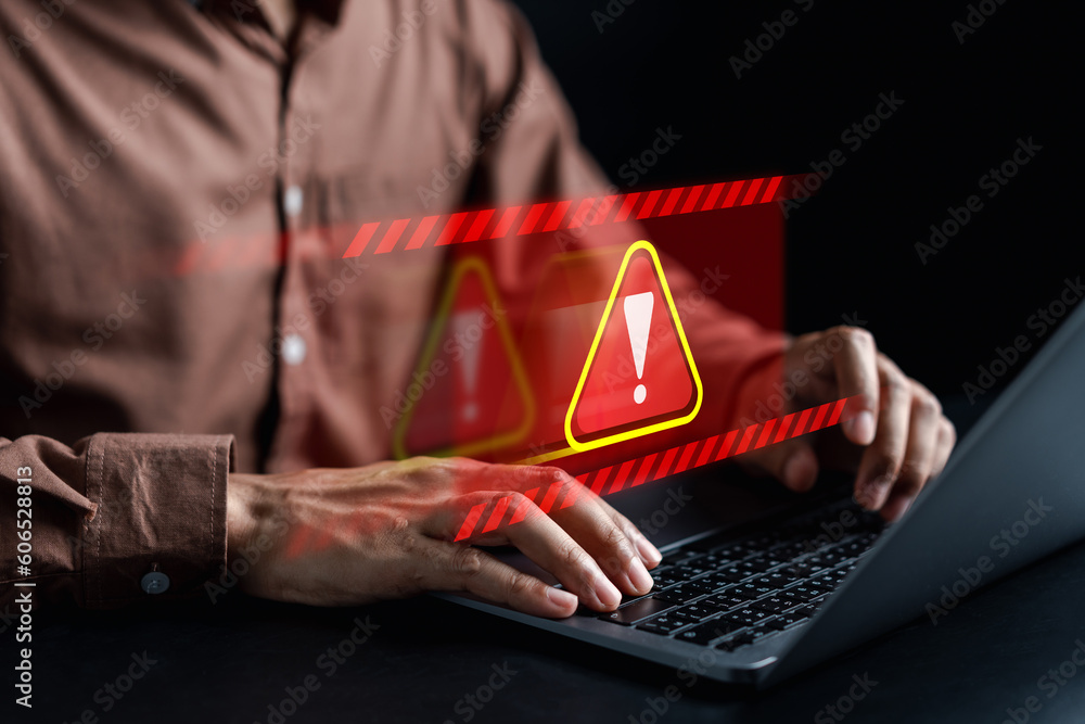 Poster System warning caution sign for notification error and maintenance concept. cyber attack on computer network. Cybersecurity vulnerability, data breach, illegal connection, compromised information...