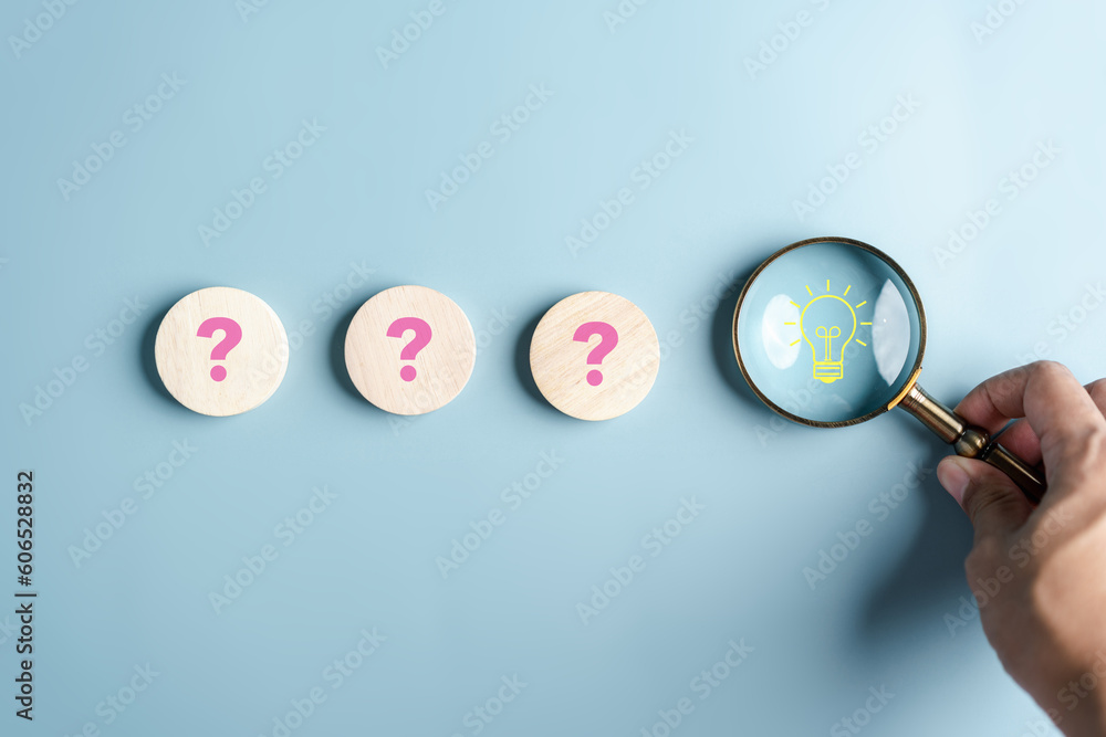 Aufkleber magnifier focus to light bulb which among question icon. target solution target, successful business