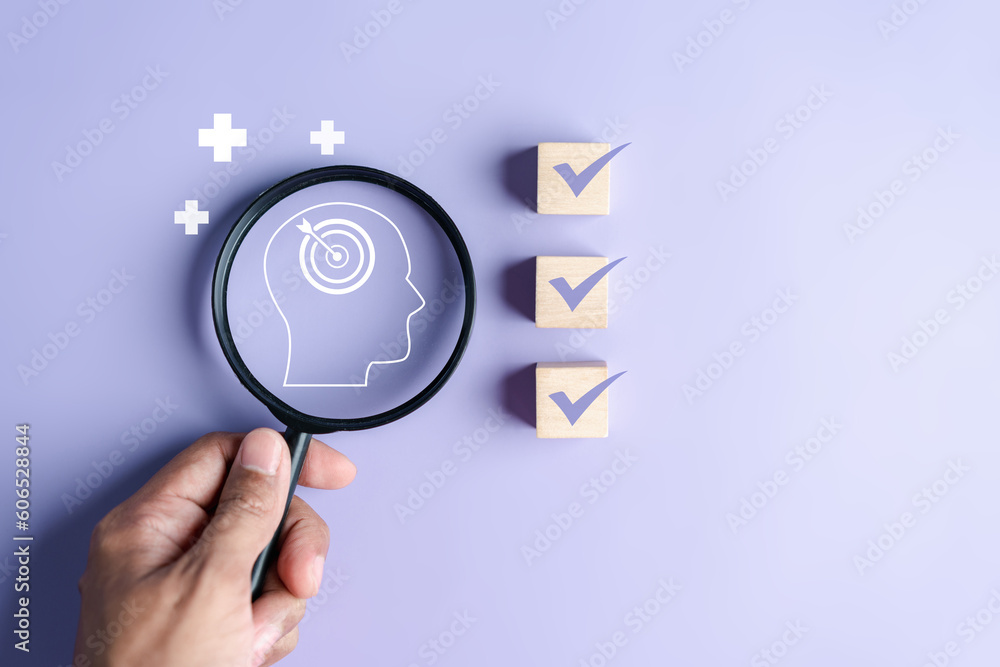 Aufkleber magnifying glass focus to human brain and target objective icon inside for plan, thinking business s